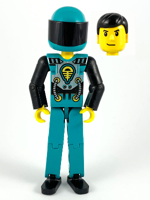 Technic Figure Dark Turquoise Legs, Dark Turquoise Torso with Yellow, Black, Silver Pattern, Black Arms, Dark Turquoise Helmet, Black Visor (tech013a)