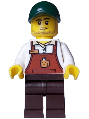 Bakery / Boulangerie Owner - Reddish Brown Apron with Cup and Name Tag, Dark Brown Legs, Dark Green Cap (bdp111)