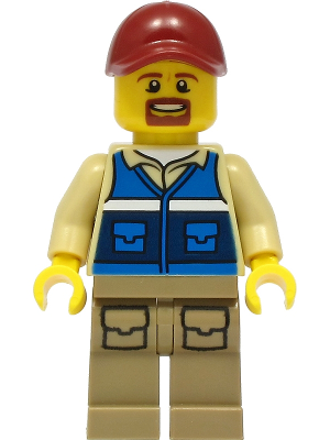 Wildlife Rescue Worker - Male, Dark Red Cap, Blue Vest with 'RESCUE' Pattern on Back, Dark Tan Legs with Pockets, Beard (cty1298)