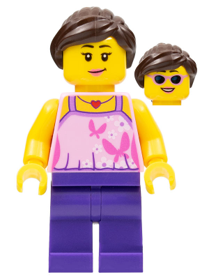 Girl, Bright Pink Top with Butterflies and Flowers, Dark Purple Legs, Dark Brown Hair Ponytail and Swept Sideways Fringe (hol083)