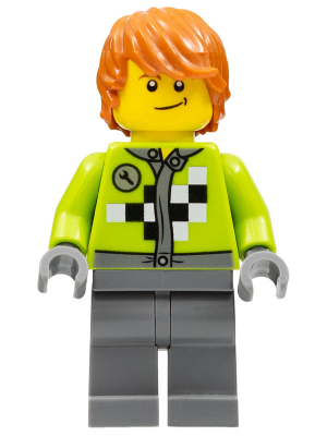 Lime Jacket with Wrench and Black and White Checkered Pattern, Dark Bluish Gray Legs, Dark Orange Hair, Crooked Smile (twn184)
