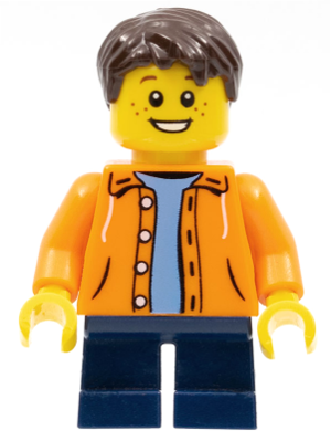 Orange Jacket with Hood over Light Blue Sweater, Dark Blue Short Legs, Dark Brown Short Tousled Hair (twn267)