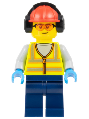 Airport Worker - Male, Neon Yellow Safety Vest with Reflective Stripes, Dark Blue Legs, Red Construction Helmet with Black Ear Protectors / Headphones, Safety Glasses (cty1674)