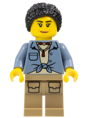 City Jungle Explorer - Female, Sand Blue Knotted Shirt over Tan Shirt and Necklace, Dark Tan Legs with Pockets, Black Hair Braided Bun (cty1779)
