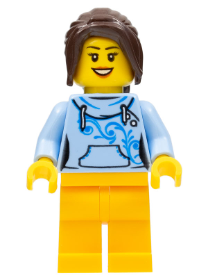 Female with Long Dark Brown Hair, Bright Light Blue Hoodie, and Bright Light Orange Legs (edu008)