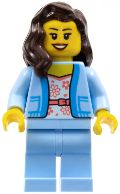 Female - Bright Light Blue Jacket over White Shirt with Coral Flowers, Bright Light Blue Legs, Dark Brown Hair (cty1354)