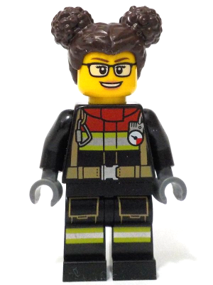 Fire - Female, Black Jacket and Legs with Reflective Stripes and Red Collar, Dark Brown Hair with Buns, Glasses (cty1732)
