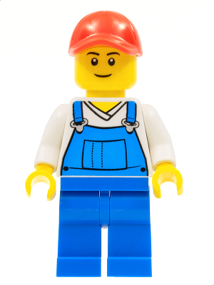 Overalls Blue over V-Neck Shirt, Blue Legs, Red Cap with Hole (cty0636)