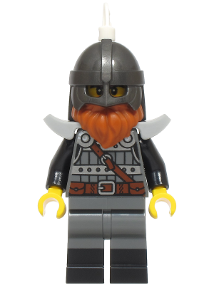 Knight - Male, Dark Bluish Gray and Silver Armor, Black Boots, Pearl Dark Gray Helmet, White Feather, Dark Orange Beard, Light Bluish Gray Shoulder Pads (bdp210)