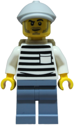 Police - City Jail Prisoner Male, White Shirt with Pocket and Black Stripes, Sand Blue Legs, Light Bluish Gray Flat Cap, Dark Tan Backpack (cty1901)