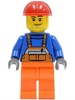 Overalls with Safety Stripe Orange, Orange Legs, Red Construction Helmet, Smirk and Stubble Beard (cty0079)