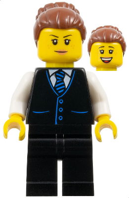 Hotel Receptionist - Female, Black Vest with Blue Striped Tie, Black Legs, Reddish Brown Hair (cty1652)
