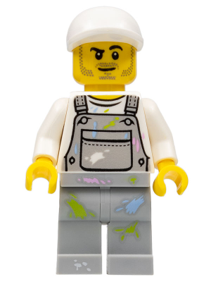 Painter - Male, Light Bluish Gray Overalls with Paint Splotches, White Cap, Stubble (cty0897)