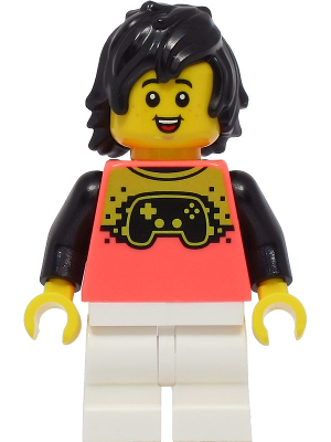 Boy - Coral Shirt with Video Game Controller, White Medium Legs, Black Hair (cty1394)