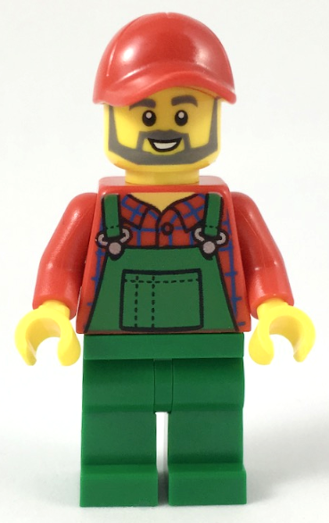 Farmer - Red Cap and Flannel Shirt, Dark Bluish Gray Beard, Green Overalls (cty0984)