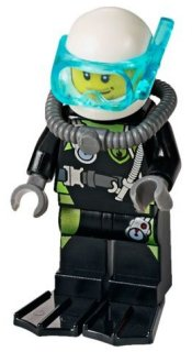 Fire - Scuba Diver, Black Flippers, Dark Bluish Gray Scuba Tank, White Helmet, Trans-Light Blue Scuba Mask (cty0639)