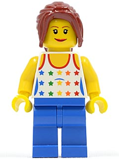 Shirt with Female Rainbow Stars Pattern, Blue Legs, Dark Red Hair Ponytail Long with Side Bangs (twn128)