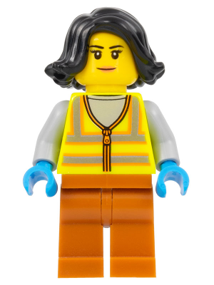 Recycling Worker - Female, Neon Yellow Safety Vest with Reflective Stripes, Dark Orange Legs, Black Hair (cty1522)
