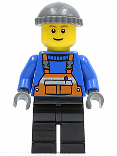 Overalls with Safety Stripe Orange, Black Legs, Dark Bluish Gray Knit Cap, Brown Eyebrows, Thin Grin (twn123)