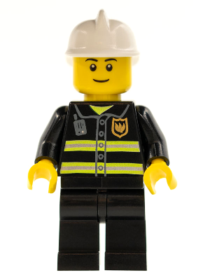 Fire - Reflective Stripes, Black Legs, White Fire Helmet, Black Eyebrows, Thin Grin, Yellow Hands (cty0090a)