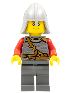 Kingdoms - Lion Knight Scale Mail with Chest Strap and Belt, Helmet with Neck Protector, Black Eyebrows, Thin Grin (cas478a)