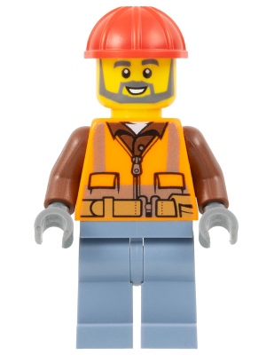 Airport Worker - Male, Orange Safety Vest, Reflective Stripes, Reddish Brown Shirt, Sand Blue Legs, Red Construction Helmet, Dark Bluish Gray Beard (cty1602)