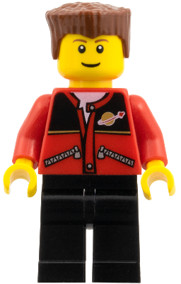 Red Jacket with Zipper Pockets and Classic Space Logo, Black Legs, Reddish Brown Flat Top Hair (trn140)