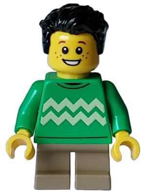 Child - Boy, Bright Green Sweater with Bright Light Yellow Zigzag Lines, Dark Tan Short Legs, Black Tousled Hair, Freckles (hol332)