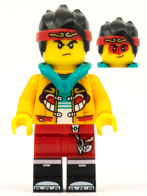 Monkie Kid - Bright Light Orange Open Jacket with Monkey Head Logo, Dark Turquoise Hood, Angry / Smile with Red Face Paint (mk028)