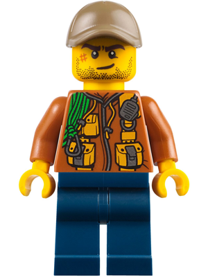 City Jungle Explorer - Dark Orange Jacket with Pouches, Dark Blue Legs, Dark Tan Cap with Hole, Crooked Smile and Scar (cty0795)