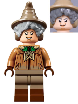 Professor Pomona Sprout - Dirty Cloak, Green Holly Brooch, Dark Tan Legs with Reddish Brown Boots (hp270)