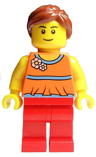 Orange Halter Top with Medium Blue Trim and Flowers Pattern, Red Legs, Reddish Brown Ponytail and Swept Sideways Fringe (twn172)
