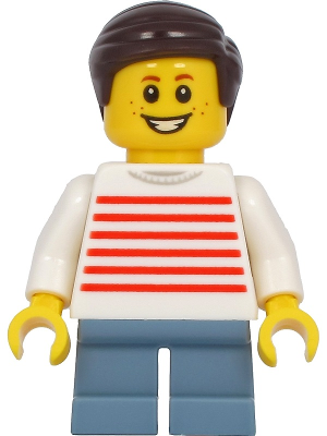 Child - Boy, White Sweater with Red Horizontal Stripes, Sand Blue Short Legs, Dark Brown Hair, Freckles (twn415)