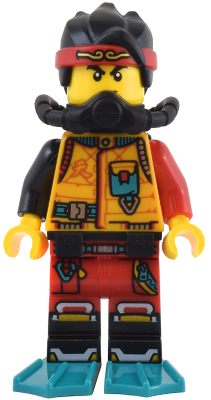 Monkie Kid - Bright Light Orange Diving Suit, Black Scuba Gear, Dark Turquoise Flippers (mk121)