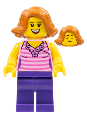 Woman, Striped Pink Shirt with Flower Necklace, Dark Purple Legs, Dark Orange Female Hair Short Swept Sideways (twn330)