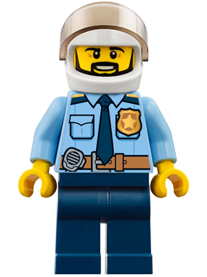 Police - City Officer Shirt with Dark Blue Tie and Gold Badge, Dark Tan Belt with Radio, Dark Blue Legs, White Helmet, Black Beard (cty0776)