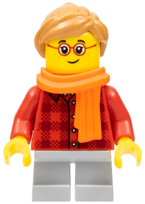 Child - Girl, Red Plaid Flannel Shirt, Light Bluish Gray Short Legs, Medium Nougat Ponytail Hair, Freckles, Glasses, Orange Scarf (hol117)