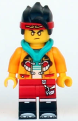 Monkie Kid - Bright Light Orange Open Jacket with Monkey Head Logo, Dark Turquoise Hood, Gold Eyes (mk041)
