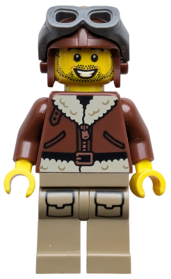 Airplane Pilot - Male, Reddish Brown Aviator Jacket, Dark Tan Legs with Pockets, Aviator Cap, Dark Bluish Gray Goggles (b25cty01uk -nl) (cty1985)