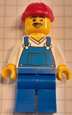 Construction Worker - Male, Blue Overalls over V-Neck Shirt, Blue Legs, Red Construction Helmet, Moustache (cty1601)