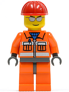 Construction Worker - Orange Zipper, Safety Stripes, Orange Arms, Orange Legs, Dark Bluish Gray Hips, Red Construction Helmet, Silver Sunglasses (cty0125)