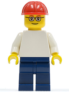 Plain White Torso with White Arms, Dark Blue Legs, Red Construction Helmet, Glasses (pln155)