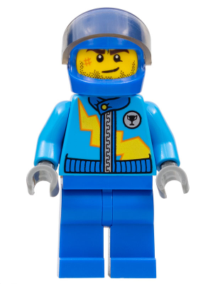 Dark Azure Racing Jacket with Zipper and Yellow Lightning Bolt Pattern, Blue Helmet, Trans-Brown Visor (rac055)