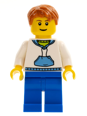 White Hoodie with Medium Blue Pocket, Blue Legs, Dark Orange Short Tousled Hair (twn099)