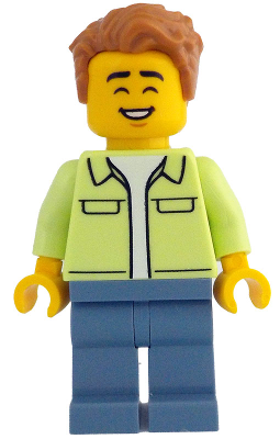 Man - Yellowish Green Jacket over White Shirt, Sand Blue Legs, Medium Nougat Tousled Hair (idea213)