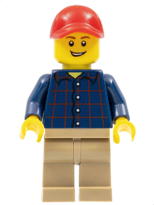 Plaid Button Shirt, Dark Tan Legs, Red Cap with Hole, Lopsided Grin with Teeth (twn246)