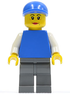 Plain Blue Torso with White Arms, Dark Bluish Gray Legs, Blue Short Bill Cap, Female Dual Sided Head (pln116)