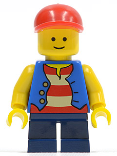 Vest over Red and White Striped Shirt, Dark Blue Short Legs, Red Short Bill Cap (twn105)