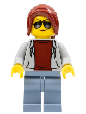 Race Marshal - Female, Light Bluish Gray Hoodie over Dark Red Shirt, Sand Blue Legs, Dark Red Ponytail Long with Side Bangs, Sunglasses and Medium (sc075)