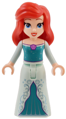Ariel, Human (Light Nougat) - Light Aqua Dress with Stars, Medium Lavender Shell, Dark Purple Trim, Red Hair with Left Side Part and High Bangs (dis150)
